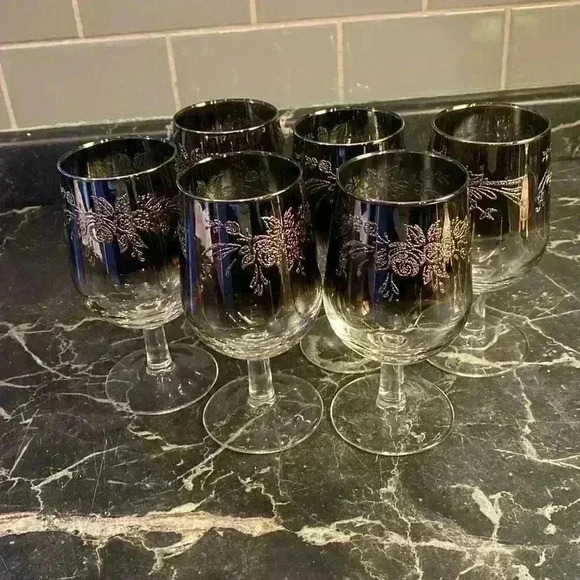 6 Vintage Silver Fade Wine Glasses Ombre WineGlasses, Leaf design made in France - Picture 9 of 14